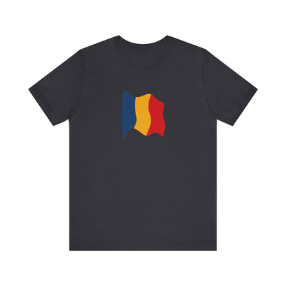 Romania flag T-shirt by Printify featuring a minimal waving tricolor design on a casual tee.
