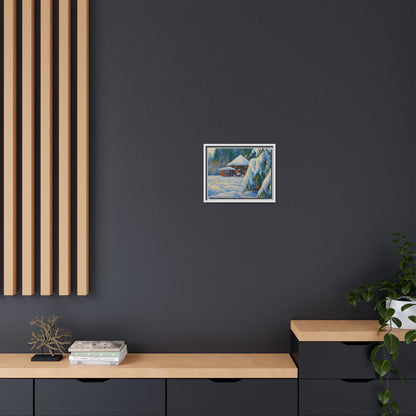 Framed matte canvas wall art of a snowy winter landscape with a cozy cabin, by Printify, perfect for winter home decor.