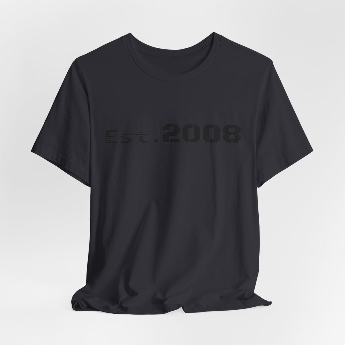 Black graphic T-shirt from Printify featuring "Established 2008" text and minimal design on the front.