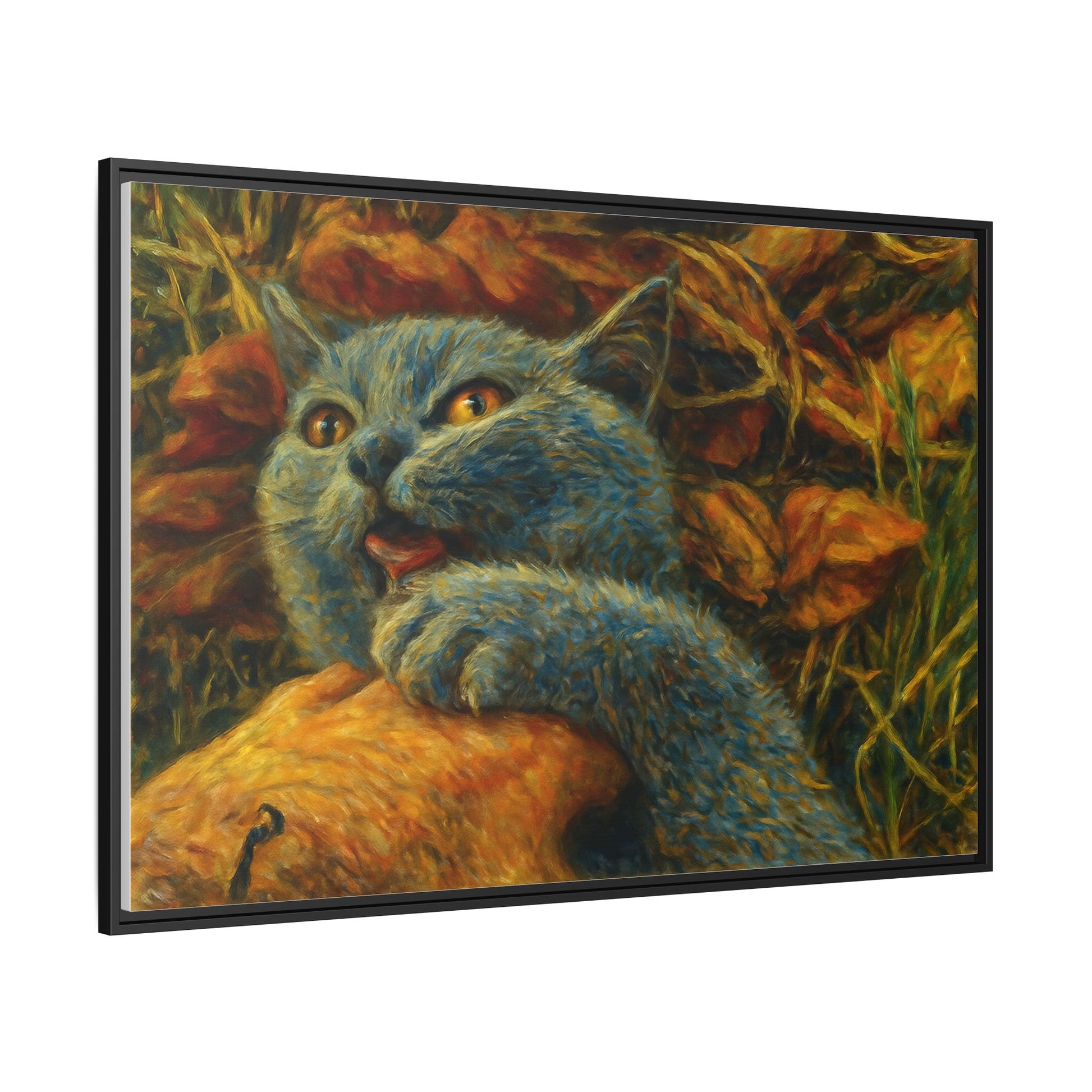 Blue cat canvas print featuring whimsical wall art, perfect for cat lovers and home decor. Printed by Printify.