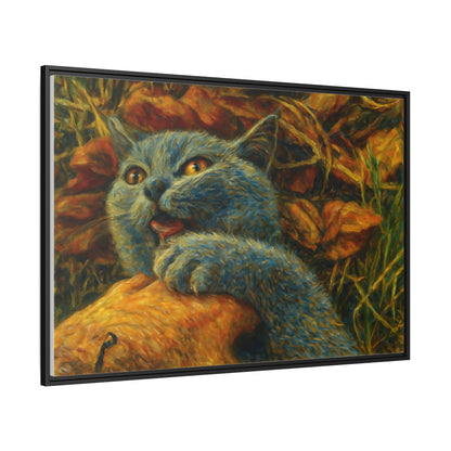 Blue cat canvas print featuring whimsical wall art, perfect for cat lovers and home decor. Printed by Printify.