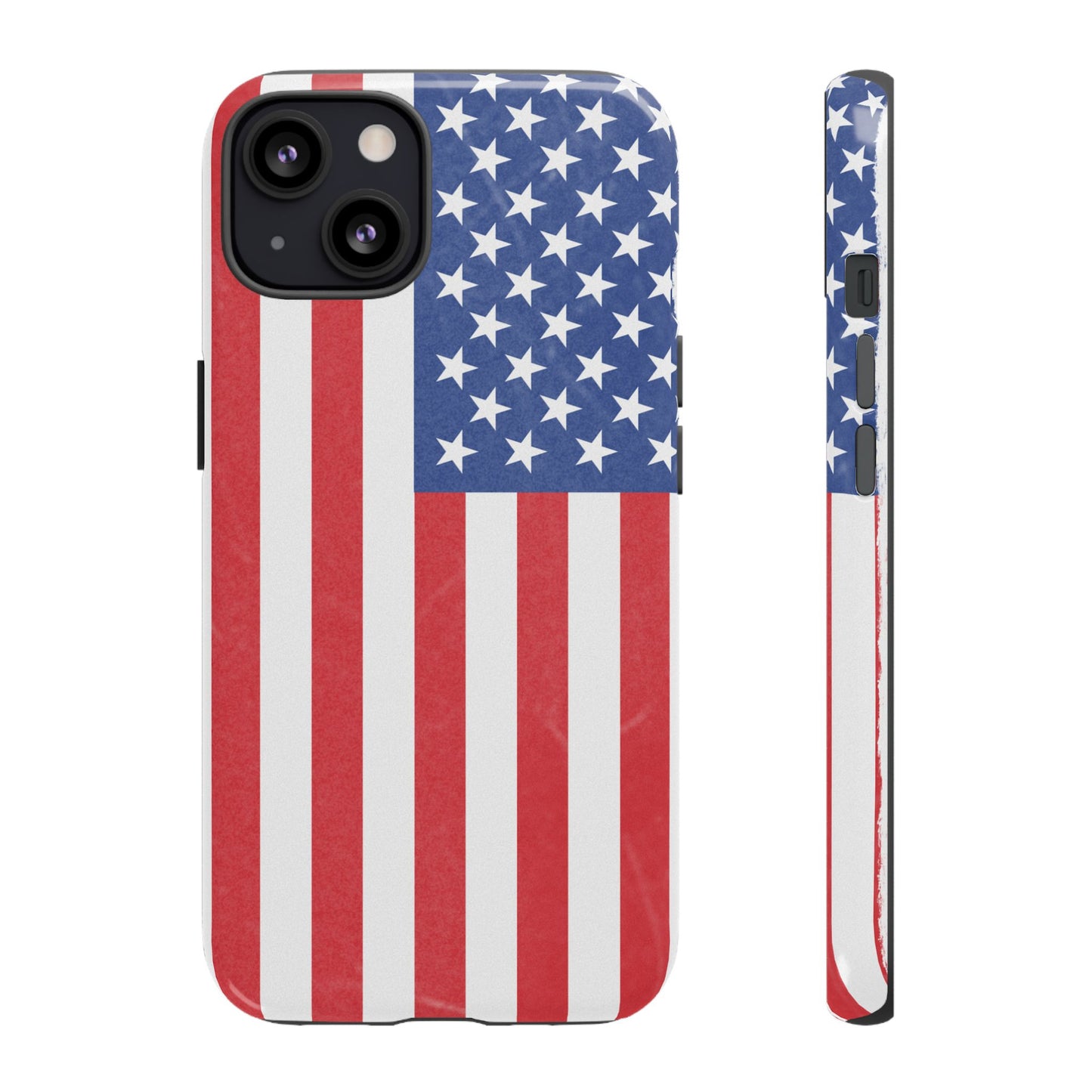 Durable American flag phone case for iPhone with patriotic design, made by Printify, featuring bold red, white, and blue colors.