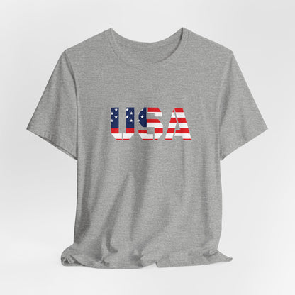 USA flag-themed patriotic T-shirt by Printify featuring bold red, white, and blue colors for Fourth of July celebrations.