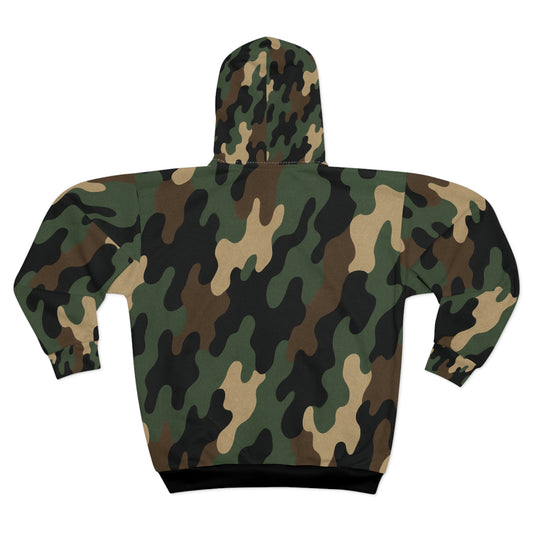 Camo Unisex Zip Hoodie, Cozy Military-Inspired Fashion, Urban Streetwear, Gift for Him or Her, Outdoor Adventures, Casual Wear - TRV