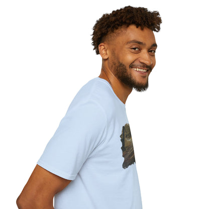 Vintage forest landscape T-shirt by Printify featuring a nature pathway design on a casual cotton tee.