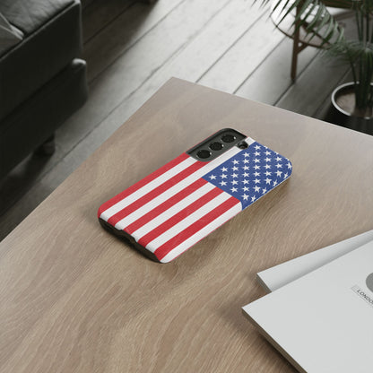 Durable American flag phone case for iPhone with patriotic design, made by Printify, offering rugged protection for your device.