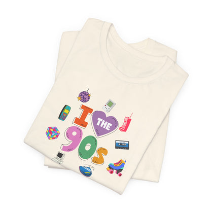 I  Love the 90's Short Sleeve Tee - Retro Graphic Tee, Vintage Style Shirt, Perfect for Casual Outings, 90s Nostalgia Apparel