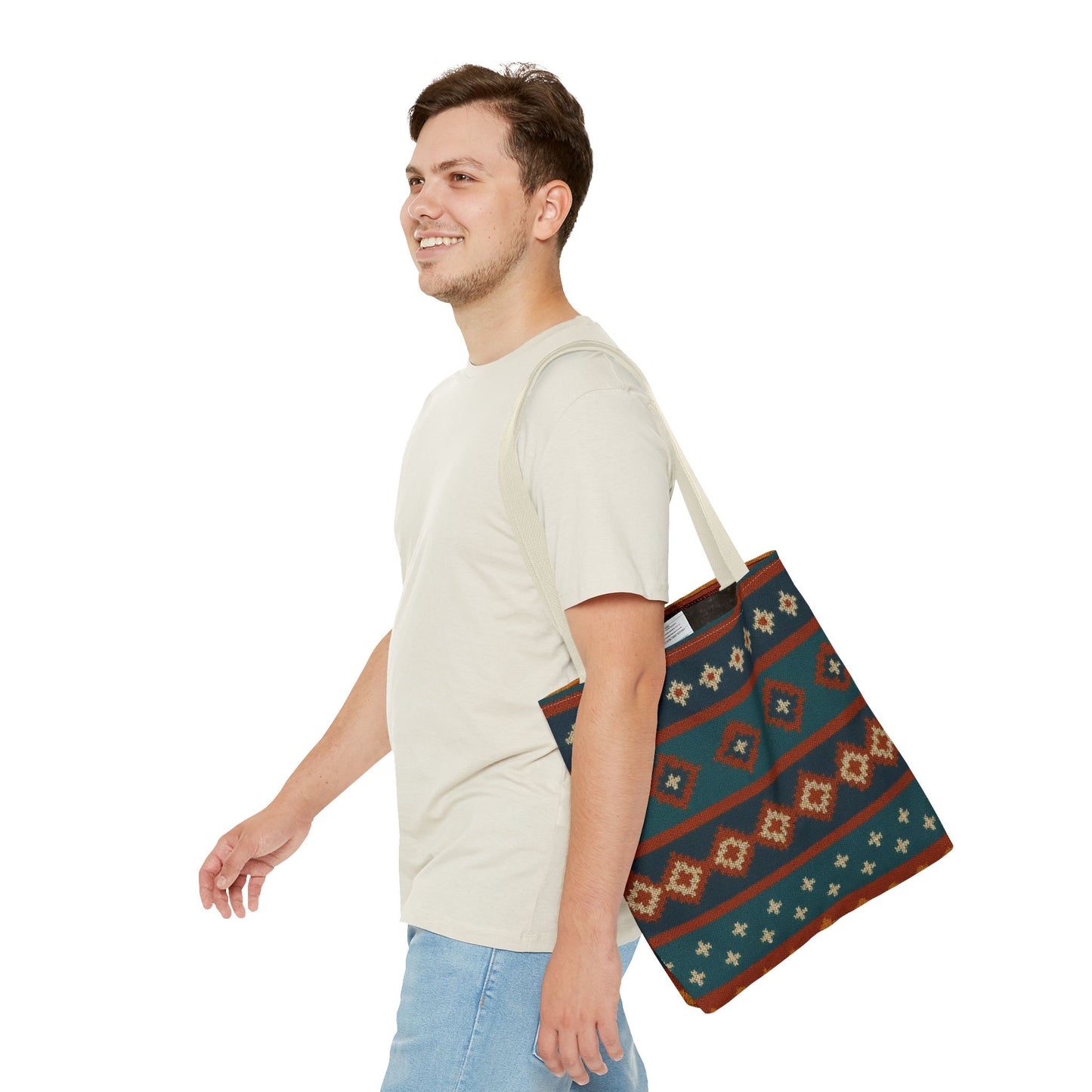 Southwestern diamond pattern tote bag with Aztec tribal geometric print, featuring sturdy handles and vibrant design.