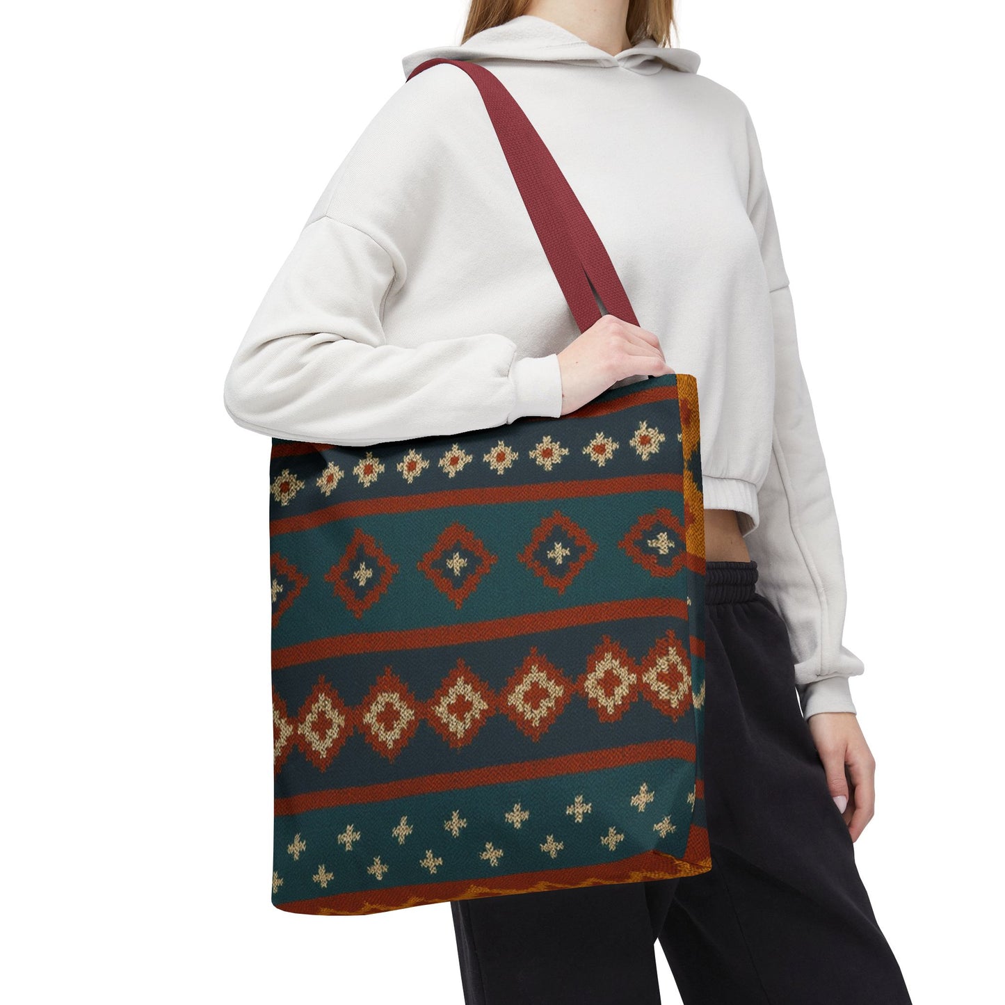 Southwestern diamond pattern tote bag with Aztec tribal geometric print, featuring sturdy handles and vibrant design by Printify.