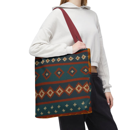 Southwestern diamond pattern tote bag with Aztec tribal geometric print, featuring sturdy handles and vibrant design by Printify.