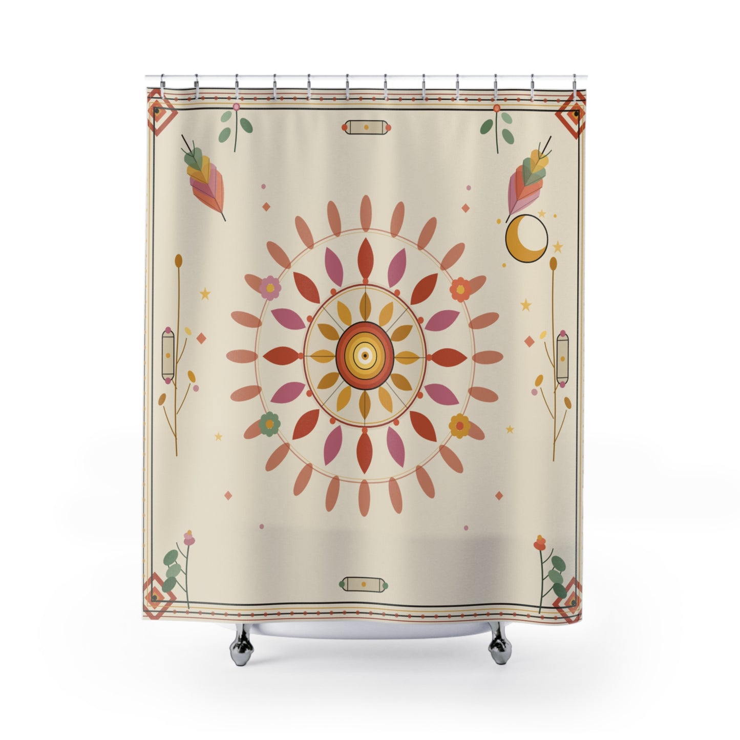 Boho Floral Mandala Shower Curtain | Neutral Pink Yellow Sunburst