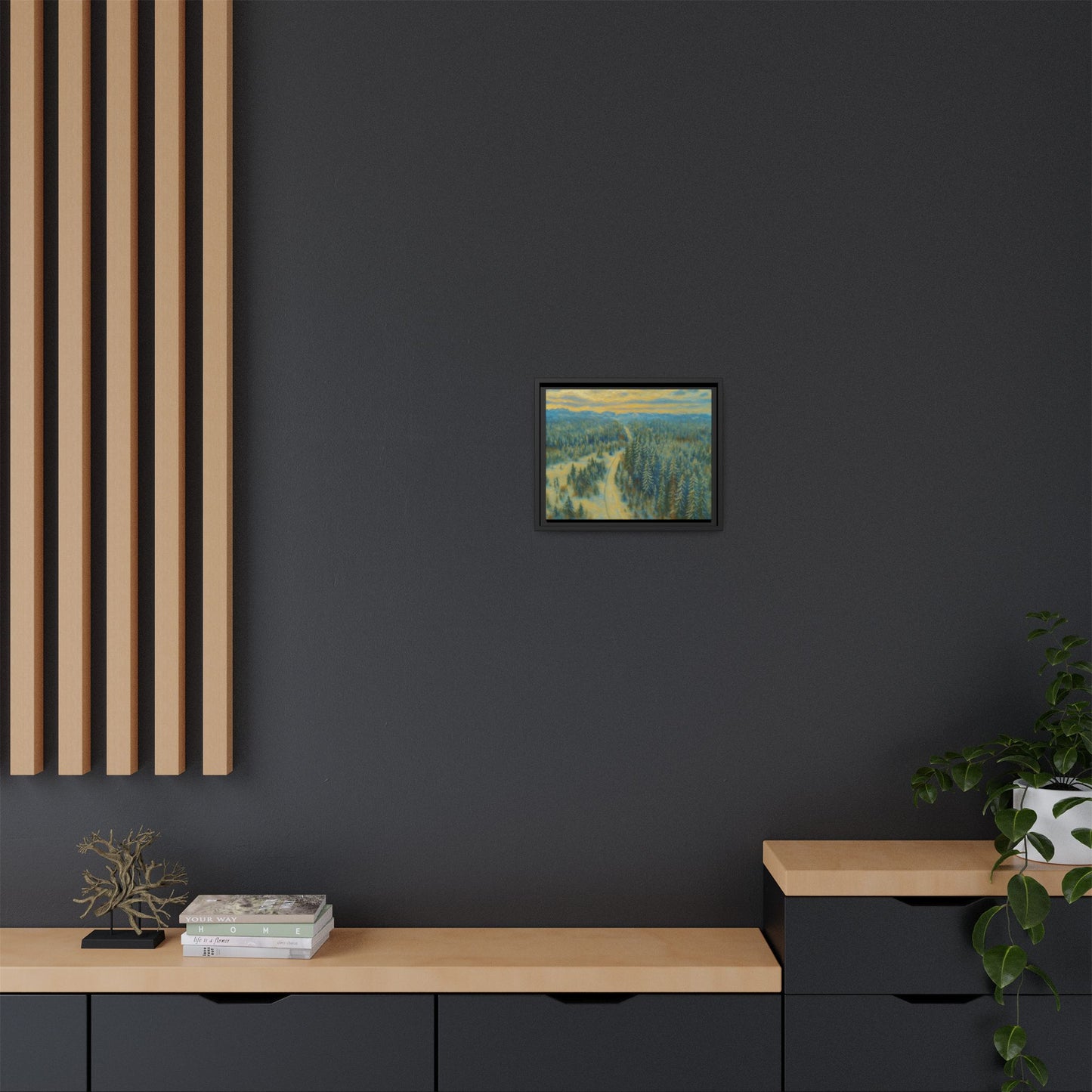 Framed matte canvas print of a serene winter forest landscape, featuring snow-covered trees and a peaceful winter scene.
