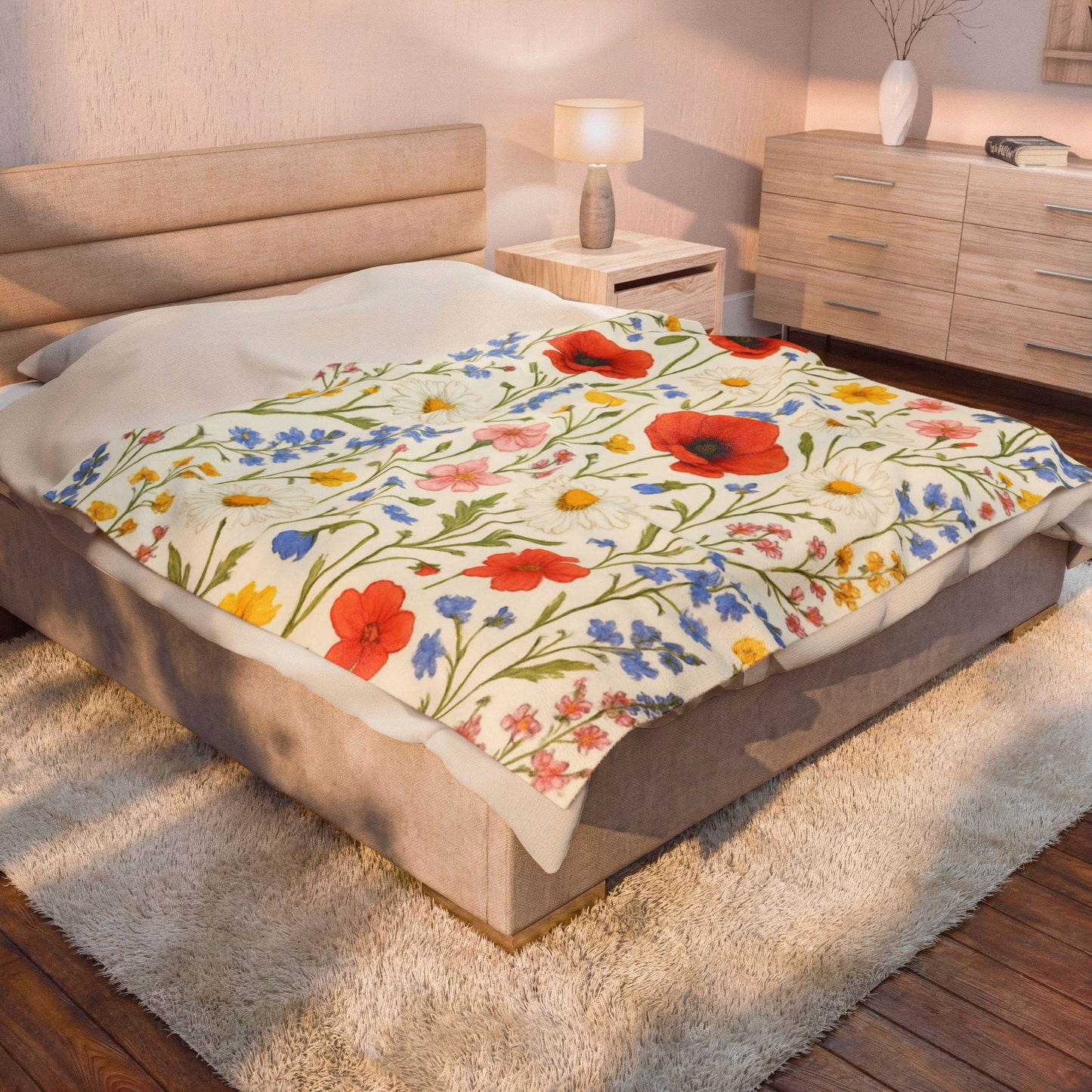 Velvet plush blanket with all-over poppy daisy floral print, Wildflower Meadow design by Printify, soft and cozy throw blanket.