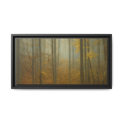Framed matte canvas wall art of a misty autumn forest with trees and fall foliage by Printify