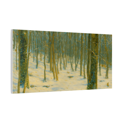 Snowy winter forest canvas print by Printify, featuring a matte stretched canvas with a snowy forest scene.
