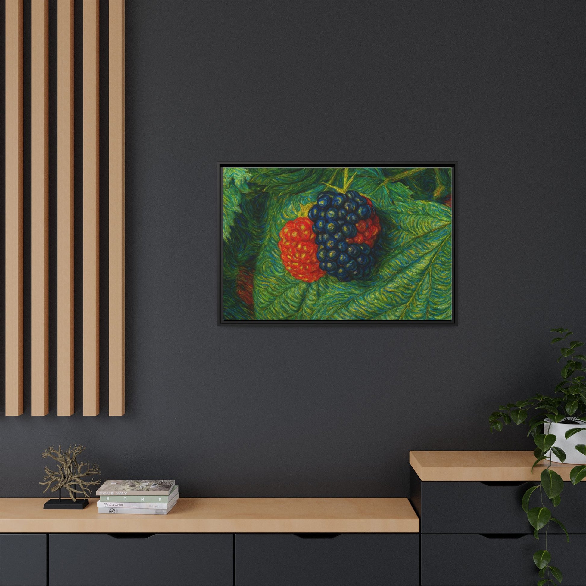 Framed canvas print of a blackberry still life on a white background by Printify, showcasing detailed blackberries in a natural setting.