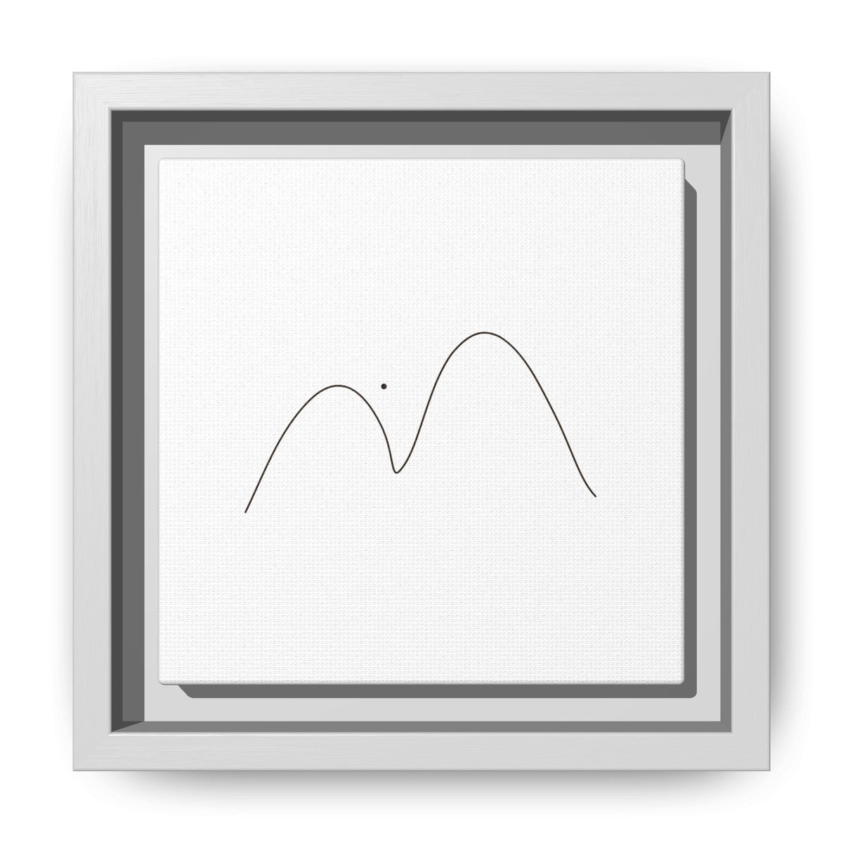 Framed minimalist mountain line art on matte canvas by Printify, featuring simple black mountain outline on white background.