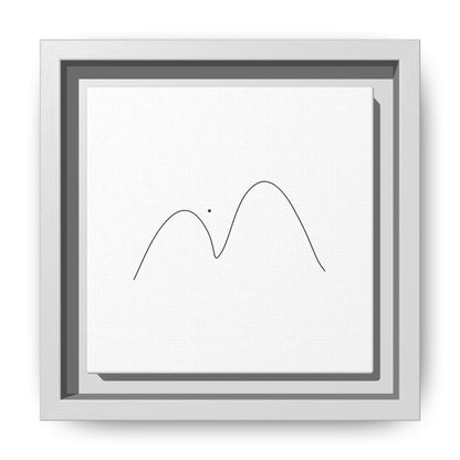 Framed minimalist mountain line art on matte canvas by Printify, featuring simple black mountain outline on white background.