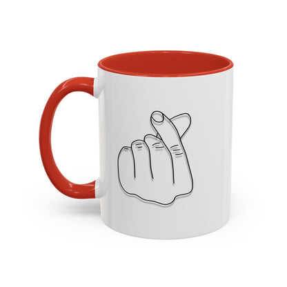 Minimal Korean finger heart accent mug by Printify, 11oz or 15oz ceramic coffee mug with simple design and clean style.