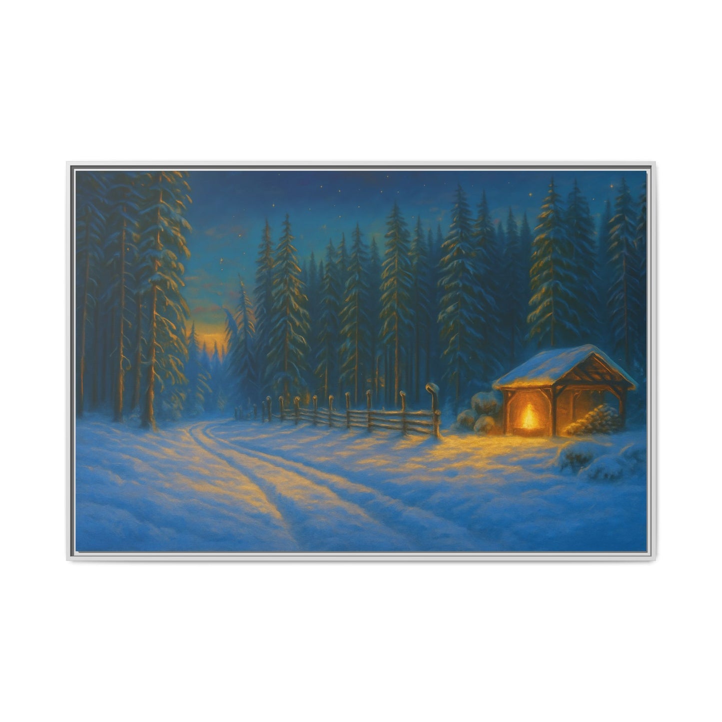 Cozy winter cabin matte framed canvas wall art featuring a snowy forest scene during evening, by Printify.