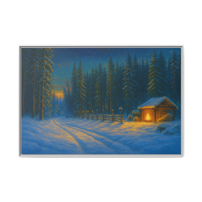 Cozy winter cabin matte framed canvas wall art featuring a snowy forest scene during evening, by Printify.