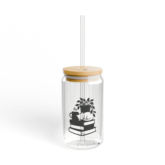 16oz glass sipper mug with cozy booklover design from Printify, featuring a clear glass body and printed book-themed artwork.
