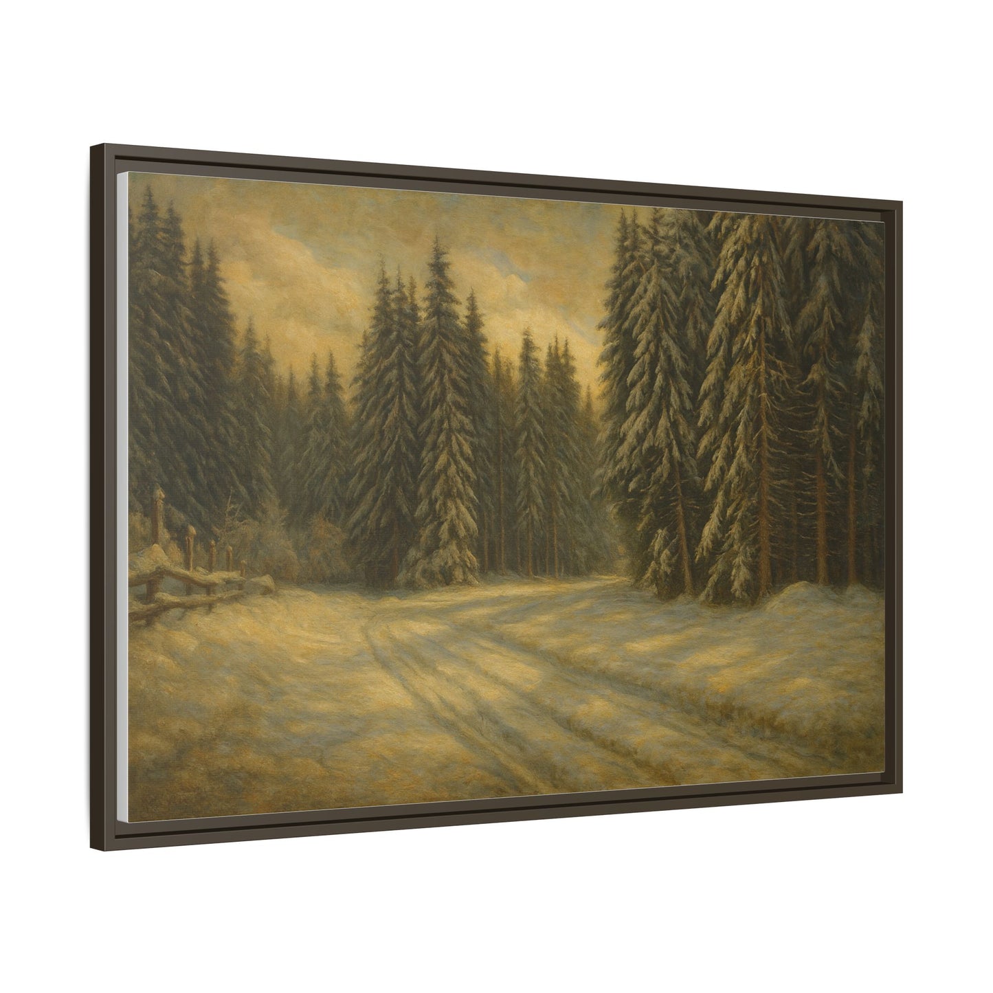 Framed matte canvas print of a winter forest landscape wall art by Printify, showcasing snowy trees and serene woodland scenery.