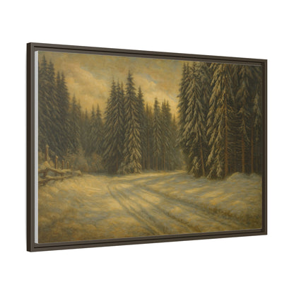 Framed matte canvas print of a winter forest landscape wall art by Printify, showcasing snowy trees and serene woodland scenery.