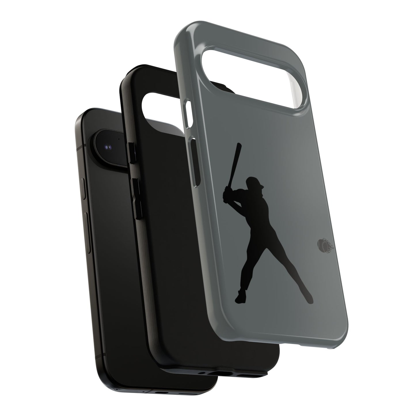 Black baseball silhouette tough phone case for iPhone, protective sporty design by Printify displayed on a smartphone.