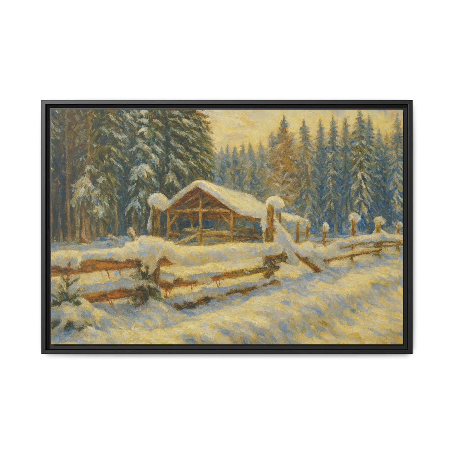 Snowy cabin winter landscape canvas wall art by Printify, featuring a matte framed nature scene with snow-covered trees and a cozy cabin.
