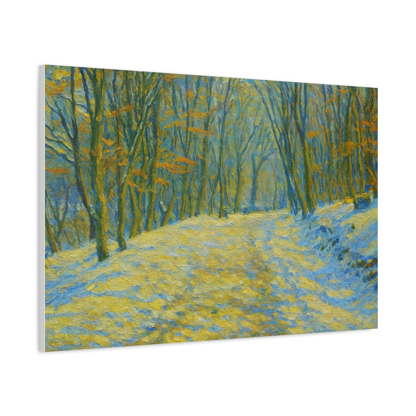 Winter landscape canvas wall art by Printify featuring a cozy nature scene, perfect for living room decor.