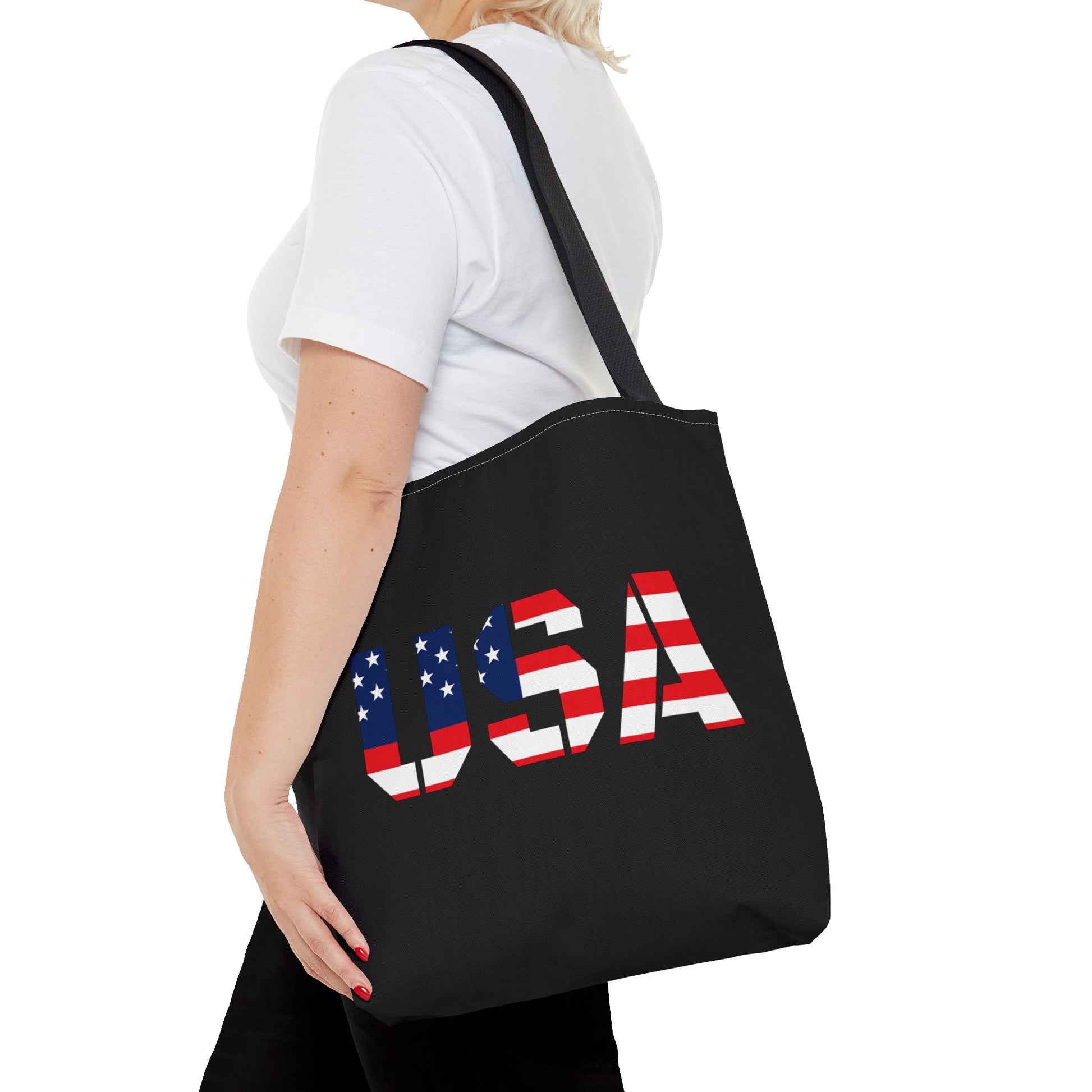 Patriotic USA flag tote bag by Printify, reusable summer carryall with 4th of July design, ideal for outdoor events