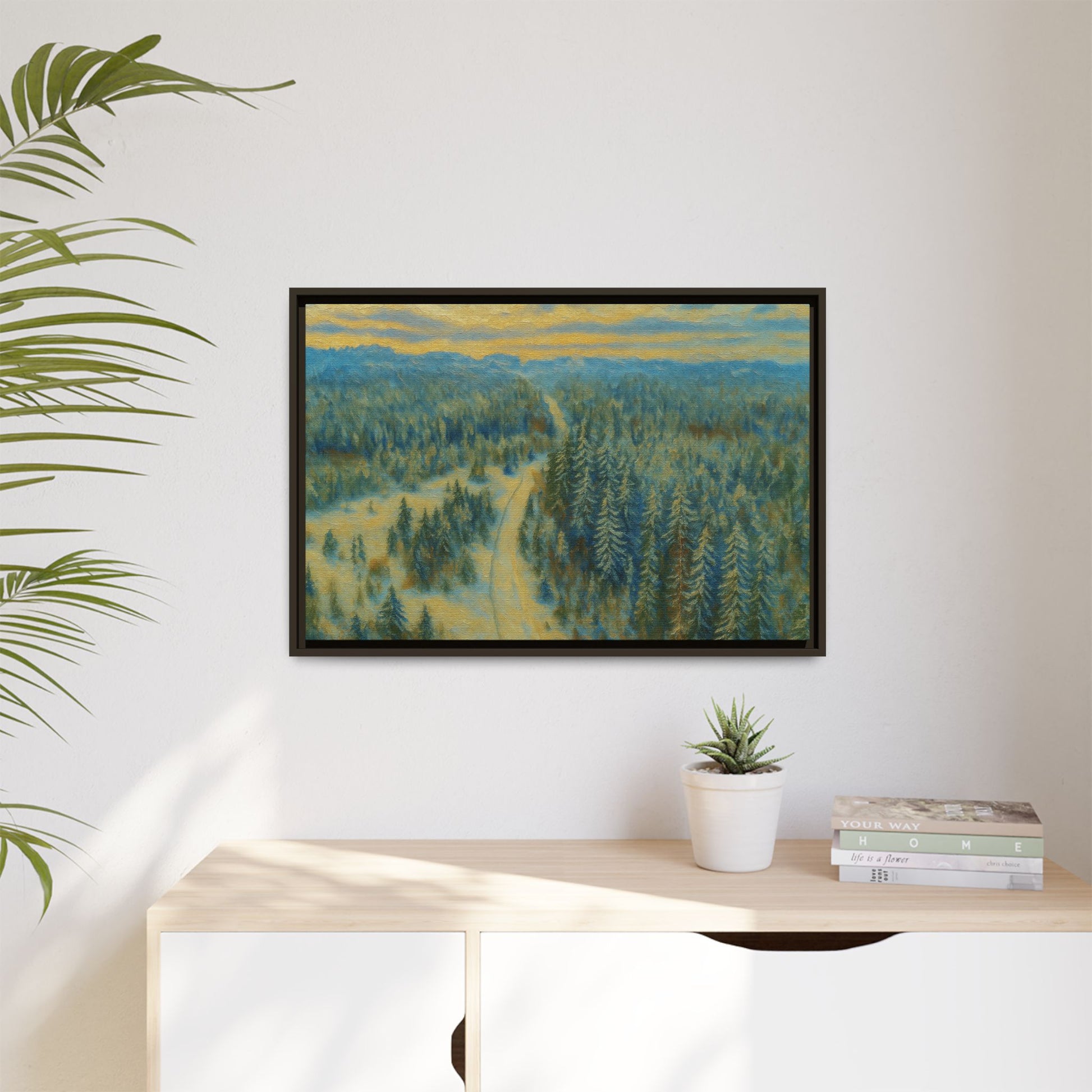 Framed matte canvas print of a serene winter forest landscape by Printify, showcasing snow-covered trees and peaceful scenery.
