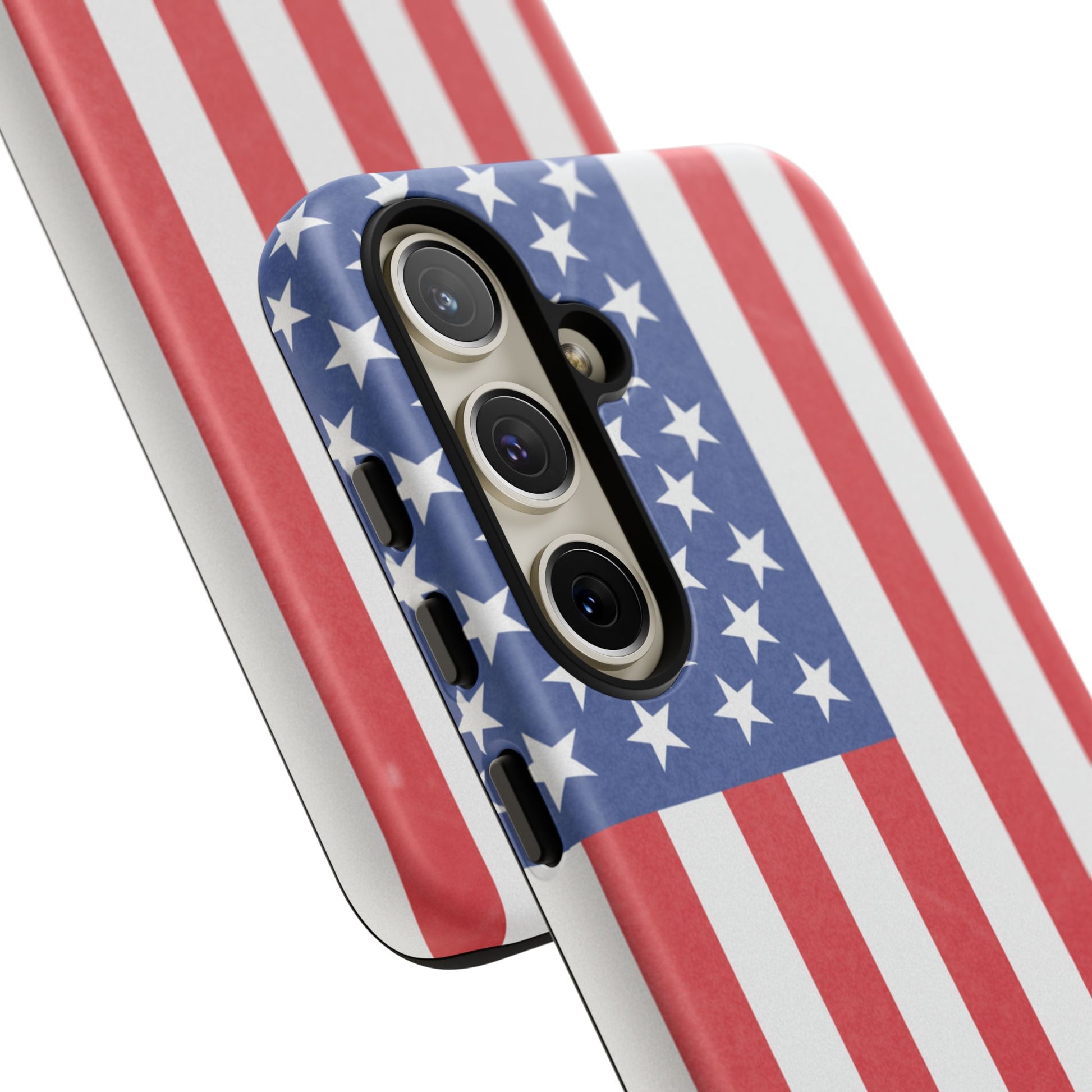American flag tough phone case for iPhone and Samsung, patriotic protective cover with bold flag design by Printify.