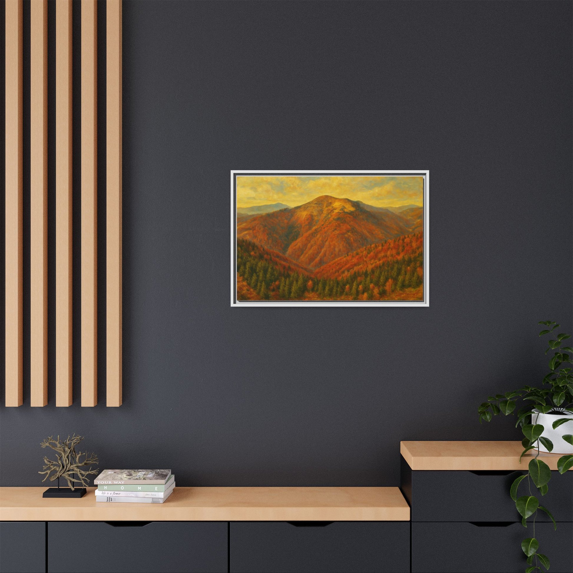 Autumn mountain scene on matte canvas wall art by Printify, featuring a framed nature landscape print with warm fall colors.
