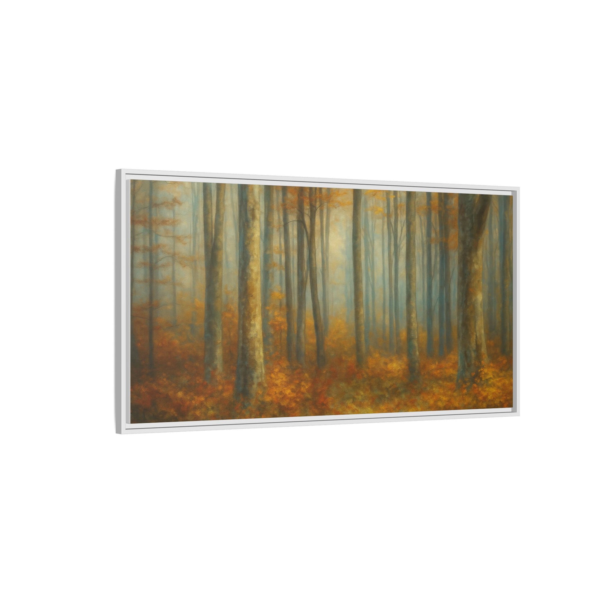 Framed autumn forest canvas print featuring misty woodland scene, wall art by Printify for nature-inspired home décor.