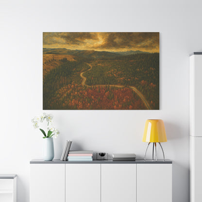 Autumn Ridge Road matte stretched canvas featuring a moody forest landscape wall art by Printify, perfect for rustic decor.