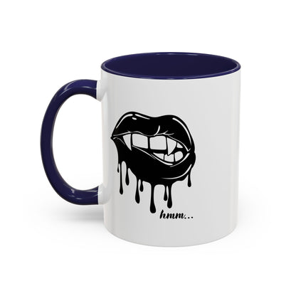 Black Dripping Lips Accent Coffee Mug with Bite graphic, 11oz or 15oz, featuring bold lip design on the ceramic mug.