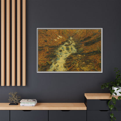 Framed matte canvas print of autumn stream landscape artwork by Printify, showcasing vibrant fall colors and serene nature scene.