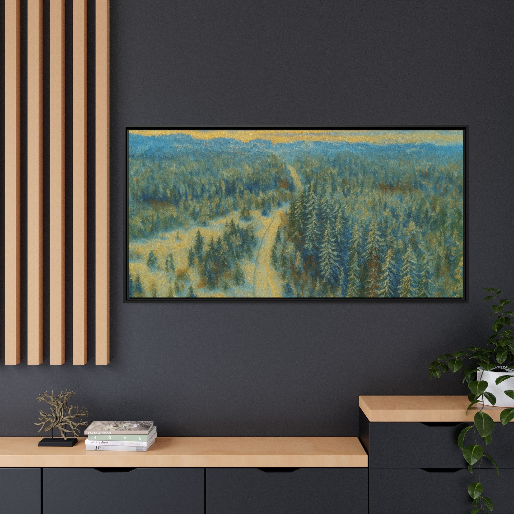 Framed matte canvas print of a serene winter forest landscape by Printify, showcasing snowy trees and peaceful nature scene.
