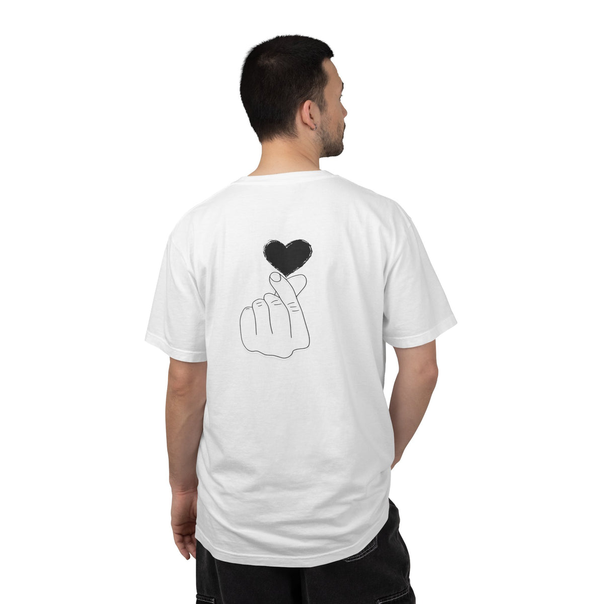 Black T-shirt with a minimal white finger heart graphic from Printify, casual and stylish for everyday wear.