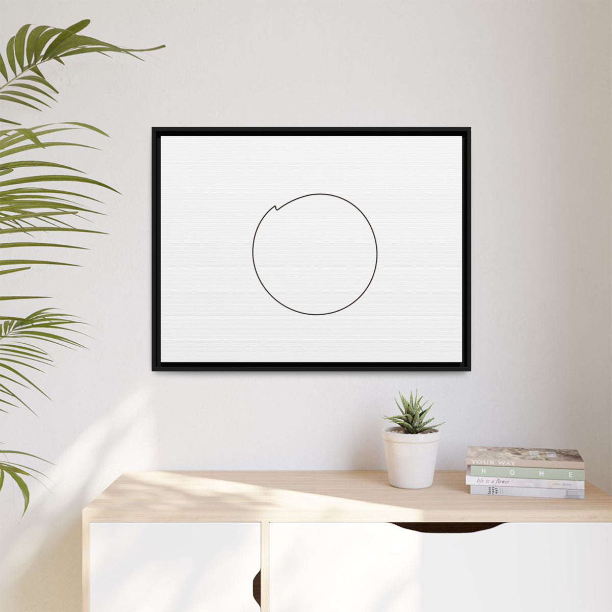 Framed matte canvas wall art featuring a minimal circular line design, by Printify, showcasing modern abstract wall decor.