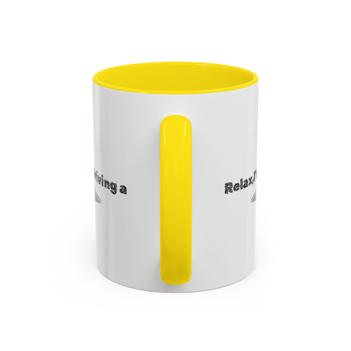 Ceramic coffee mug with "Relax, I’m Driving" UFO accent design, 11 oz, Printify brand, featuring colorful alien motif.