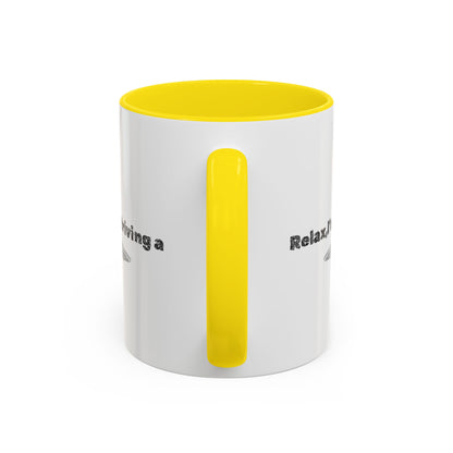 Ceramic coffee mug with "Relax, I’m Driving" UFO accent design, 11 oz, Printify brand, featuring colorful alien motif.