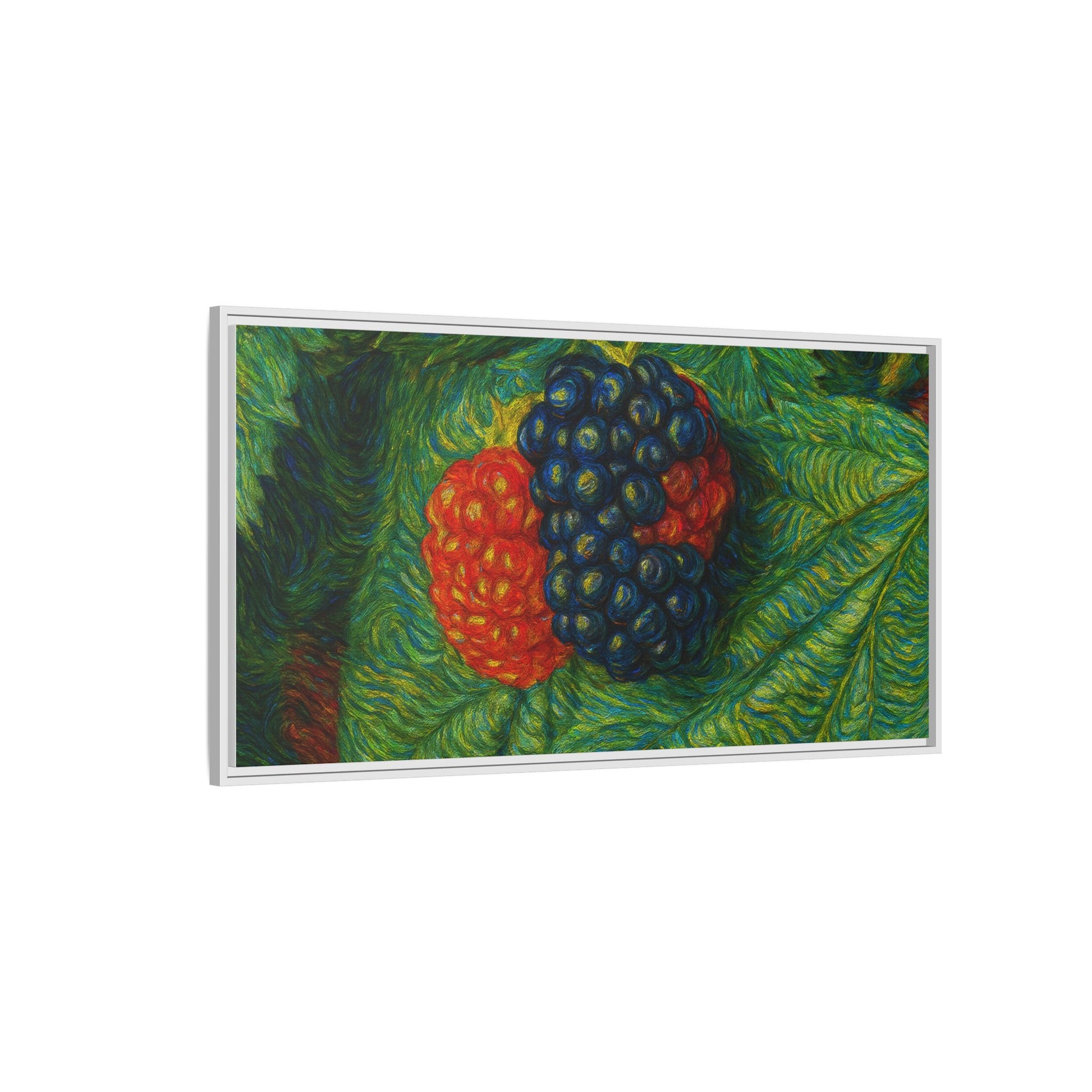 Blackberry still life canvas print by Printify, featuring realistic blackberries on a framed canvas artwork.