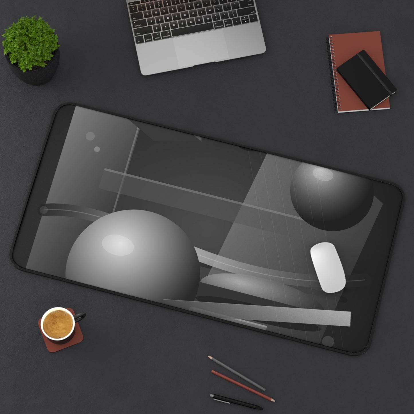 Monochrome Geometric Spheres Desk Mat | Abstract Grey Shapes Mouse Pad