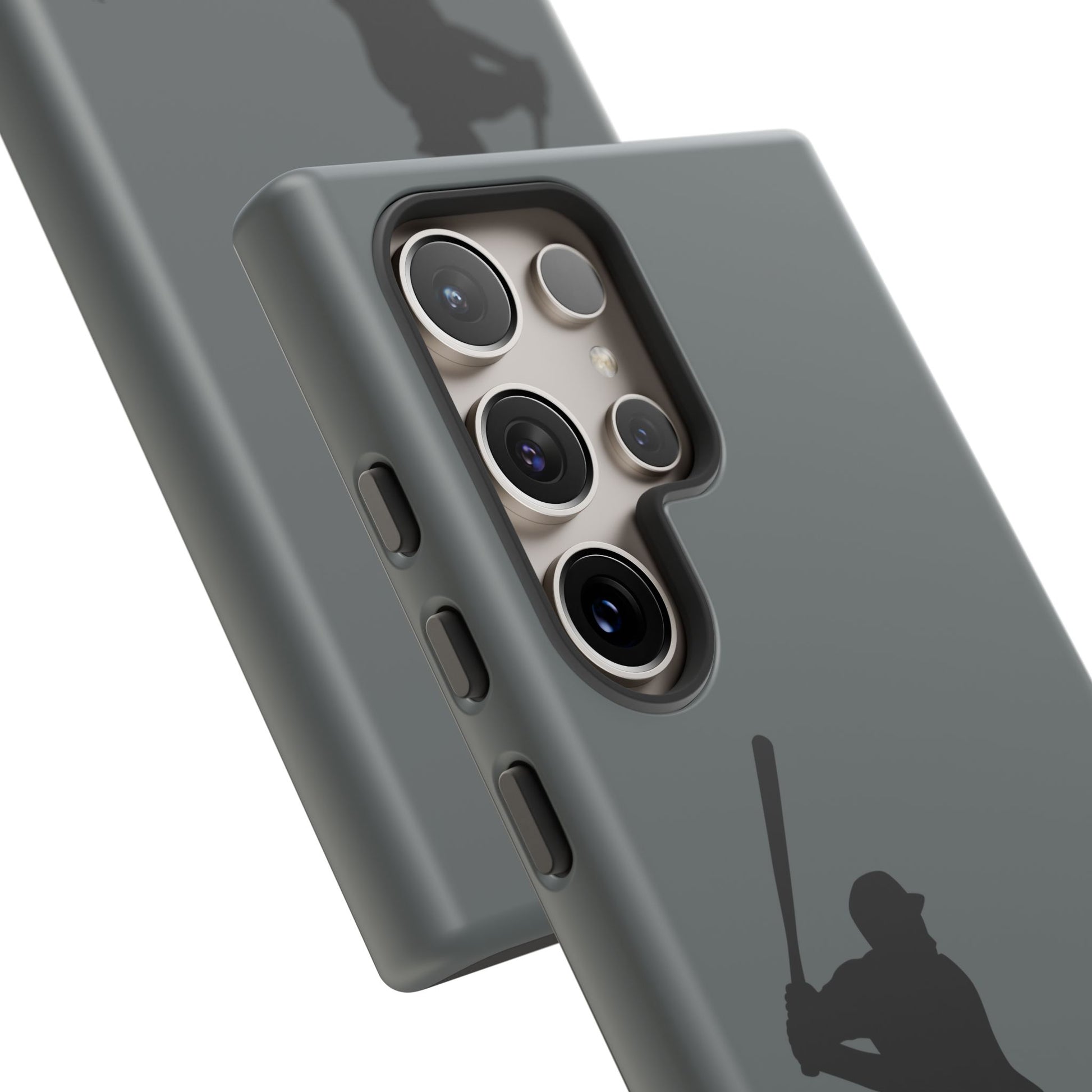 Black phone case with white baseball silhouette design, protective sporty iPhone cover by Printify.