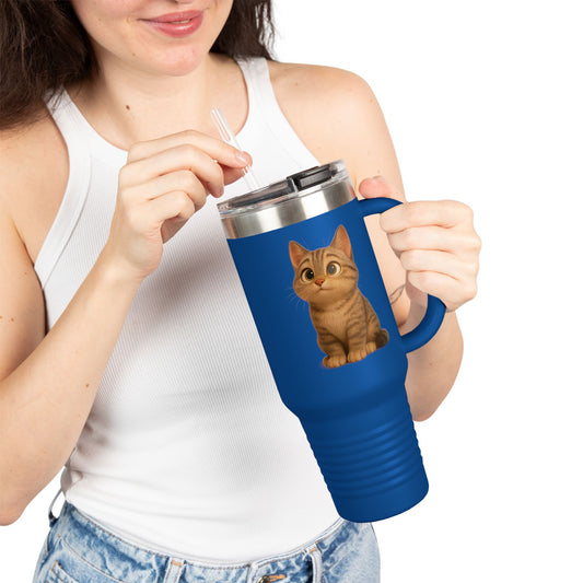 40oz insulated travel mug with cute tabby cat illustration, durable stainless steel design by Printify