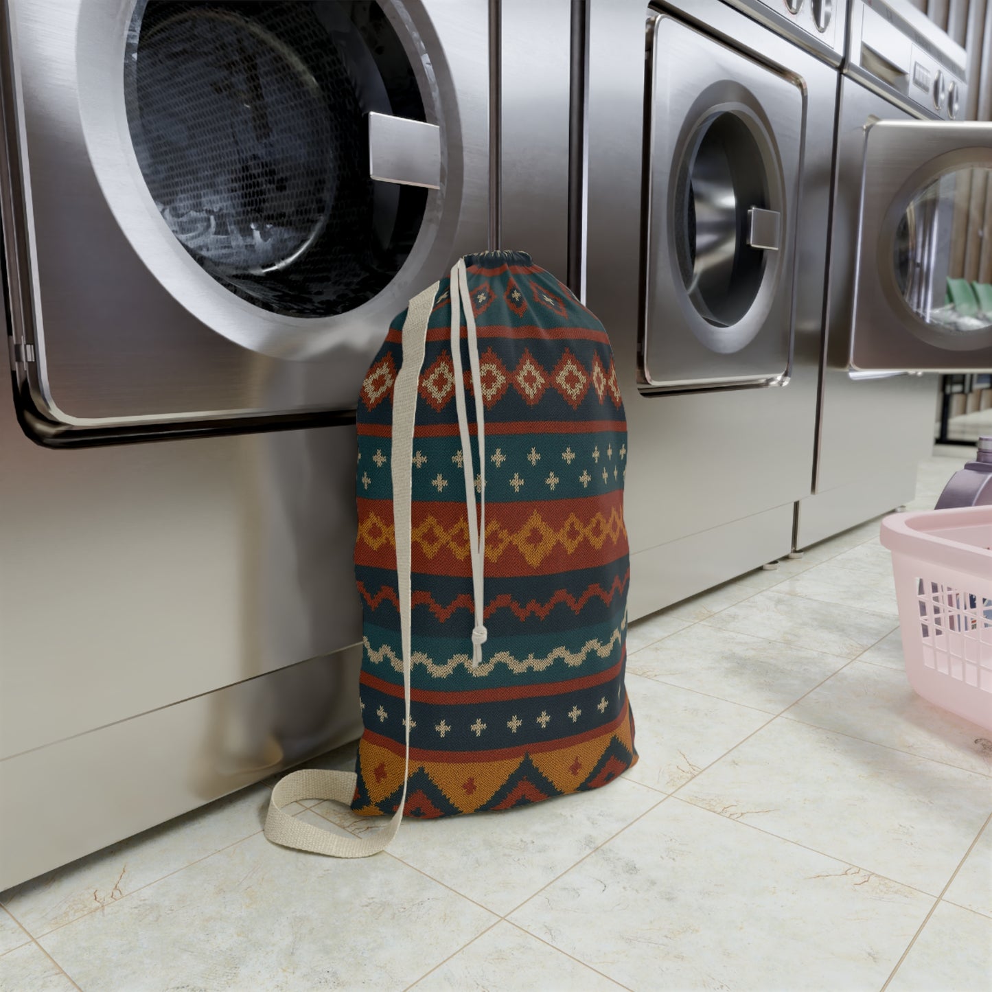 Southwestern Aztec pattern laundry bag with boho geometric design and drawstring closure, made by Printify.