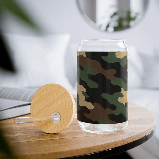 Camouflage Sipper Glass mug by Printify, 16oz eco-friendly drinkware for outdoor adventures, camping, parties, and gifts.
